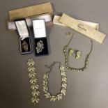 Costume Jewellery, vintage: a green stone set necklace and matching earrings, in a Mary Ann of NJ