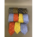 Eleven silk ties relating to aviation, some duplicates, the first in powder blue showing planes