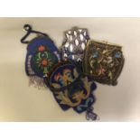Four c 1900 to 1920’s heavily beaded bags: the first with embossed gold metal frame, with gold metal