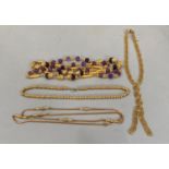 AN amethyst bead and chased gilt base metal bead necklace, approximate length 125cm together with