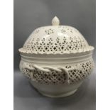Leeds Creamware pierced chestnut basket with scalloped rim, with interlaced twin handles and