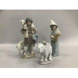 Lladro figure of a shepherd with ewe and lamb 21cm high, a girl with cockerel 19.5cm and an elephant