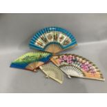Four fans, celluloid Brise fan with ribbon, Japanese Cyrano of London painted fan, BOAC airlines