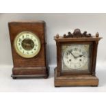 A walnut cased mantle clock having an enamel dial with black Arabic numerals, Brocot escapement,
