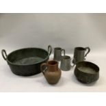 Three pewter tankards, Victorian earthenware jug, Eastern etched metal bowl and twin handled
