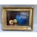 Still life of blue glazed jar and apples, oil on board, in gilt frame