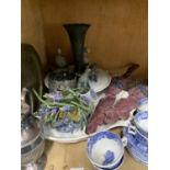 Six Spode blue and white cups and saucers, large serving dish modelled as a fish, china cake dish,