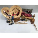 Mahjong set, ornamental coolie hats, textile panel together with various wooden toys, a set of three