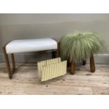 A mid century stool on open rectangular refectory legs with white vinyl seat, a stool with tapered