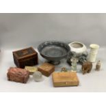 A Jersey pottery pedestal fruit bowl together with various boxes, moulded glass candle stand,