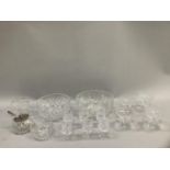 Two crystal serving bowls, five Champagne coupes, preserve pot, sugar and cream, six liqueur glasses