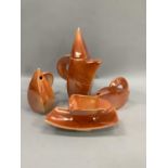 Moorland pottery orange lustre glaze coffee set for one comprising, coffee pot, milk jug, sugar