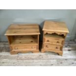 Pine bedside cabinet with single shelf over two drawers together with a pine media stand with deep