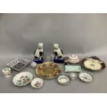 Pair of Staffordshire cats, Minton condiment dish with cover, Spode trinket dish with two associated