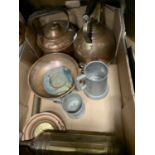 Brass Pyrene fire extinguisher, brass garden sprayer, copper kettle converted to electricity,