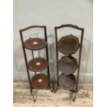 Two mahogany folding cake stands one with shell inlay