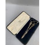 An Edward VII pair of silver grape scissors with scallop handles, hallmarked Sheffield 1902 for