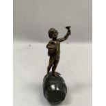 Bronze Bacchus mounted on granite wine barrel holding grapes and a glass 14cm high