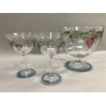 Orrefors Maja glass bowl together with two wine glasses, designed by Eva Englund hand painted with