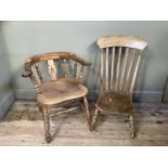 A beech captain's chair with splat back and bobbin rails together with a beech low seated