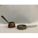 A copper sauce pot with iron side handle, a small copper pan with steel handle, Elkington and Co and