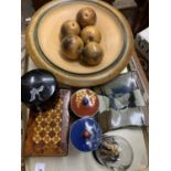 Turned wooden apples and bowl, studio pottery dish, Chinese lidded pots, cork sculpture, lacquered