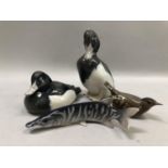 Two Royal Copenhagen ducks, wren and a pike