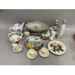 Lladro style figures, pedestal dish, four Myott coffee cups and saucers, ornamental kettle, Coalport