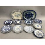 A collection of blue and white ware including Asiatic pheasant meat dish and a reproduction meat