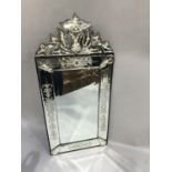 Venetian style bevelled wall mirror with applied decoration and etched with foliate scrolls, A/F