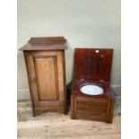 A mahogany pot cupboard with brass handle together with a Victorian walnut commode with tapestry top