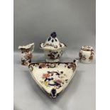 Masons Mandalay star hexagonal vase and cover with floral finial, triangular bowl each corner with