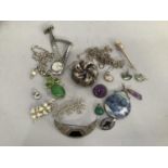 A collection of silver and white metal jewellery (test as silver) including a chrysanthemum bead