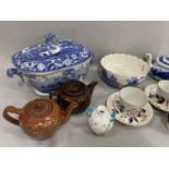 A 19th century blue and white printed soup tureen and cover, blue and white teapot and two others