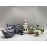 Rington's Chintz teapot, coffee pot and hot water pot, teapot decorated with pastoral scenes,