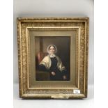 Oil painting of Victorian lady in black dress and shawl, oil on board, in double gilt frame