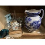 A pair of blue opaline glass vases with handkerchief rims, plate, teapot, twin handled sugar bowl