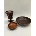 A turned treen bowl, 32cm diameter, 7.5cm high (possibly mahogany or another hard wood) together