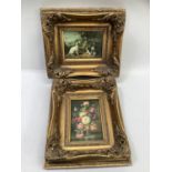 Overpainted print of dogs and birds in naturalistic scene framed in heavy ornate gilt frame together