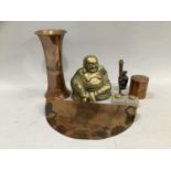 Brass Buddha seated, copper and brass flared rim vase, copper segmented and etched candlestick,