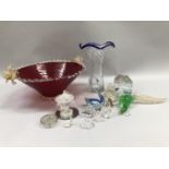 Large Murano red glass centrepiece of writhen form edged with flowers, vase of writhen form with