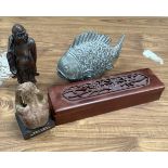 Wooden carved laughing buddha, carved and overpainted fish, carved Everdene figure of a man together
