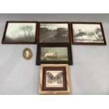 Three black and white photographs depicting fishing towns and woodland in veneered frames, engraving