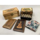 Three boxes of various designs including printed Harlequin, black lacquered and inlaid with lid of