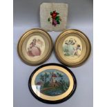 A pair of silk embroideries of Cupid and maidens, oval frames together with a needlework panel of