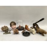 A Victorian letter press, a treen bookmark, earthen ware figure of a child, base metal figure of a