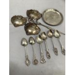 Six continental silver art nouveau teaspoons and a paper knife, a small circular sterling pin tray