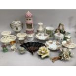 Mainly Continental china including bisque flower clusters, creamware baskets, vase, pedestal two