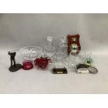 Cut glass fruit bowl, cut glass rose bowl, decanters, some with golfing inscriptions, ruby glass