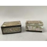 A Continental white metal and mother of pearl trinket box, rectangular outline, the cover applied